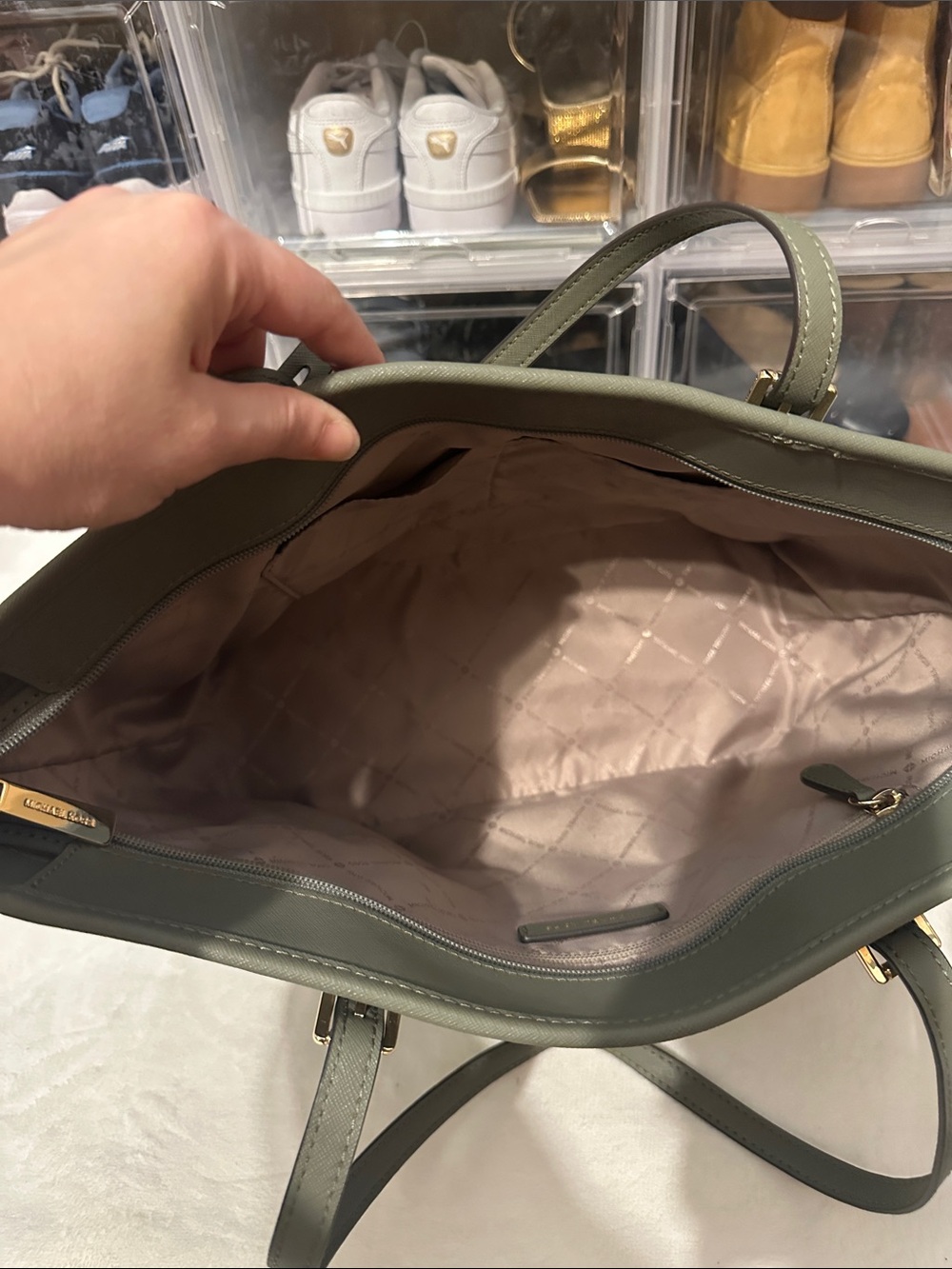 Michael Kors Olive Saffiano Leather Tote with Gold Accents - Picture 7 of 16